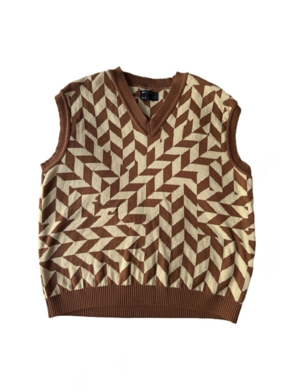 ASOS Brown and Cream V-Neck Geometric Knit Sweater Vest